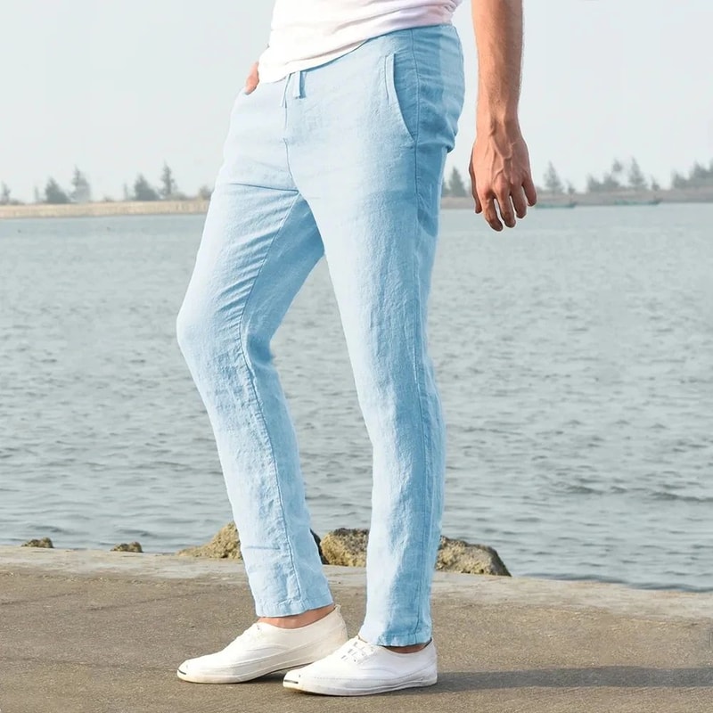 Mens Cotton Linen Breathable StraightLeg Pants Casual Elastic Waist AnkleLength Streetwear Trouser 2