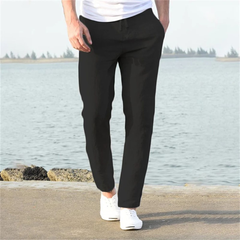 Mens Cotton Linen Breathable StraightLeg Pants Casual Elastic Waist AnkleLength Streetwear Trouser 3