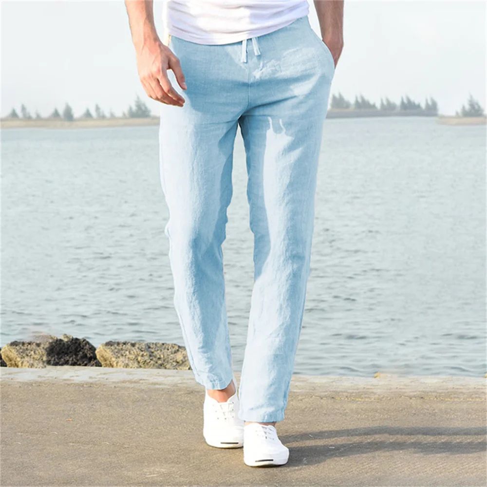 Mens Cotton Linen Breathable StraightLeg Pants Casual Elastic Waist AnkleLength Streetwear Trouser 11