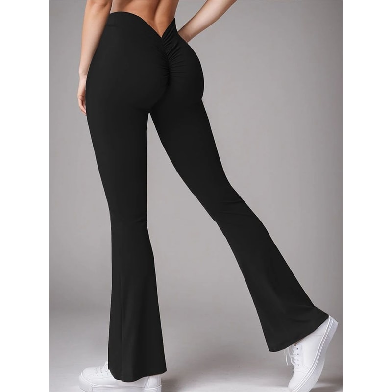 Womens High Waist VBack Flared Yoga Leggings Butt Lift Push Up Wide Leg Gym Casual Pants 0
