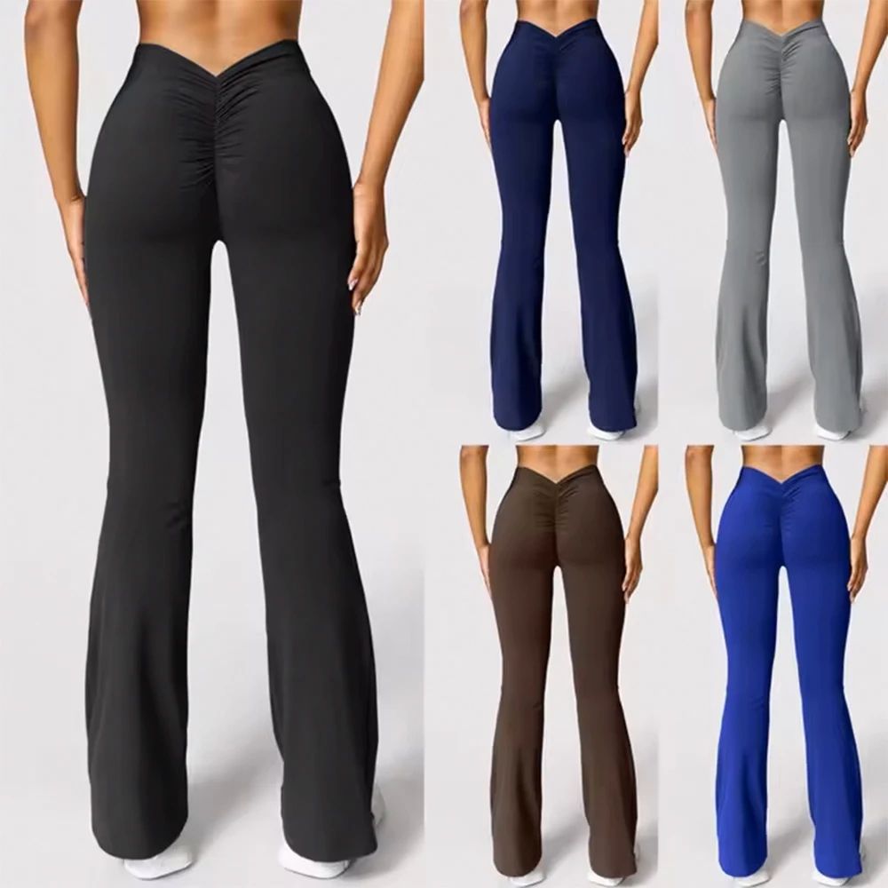 Womens High Waist VBack Flared Yoga Leggings Butt Lift Push Up Wide Leg Gym Casual Pants 1