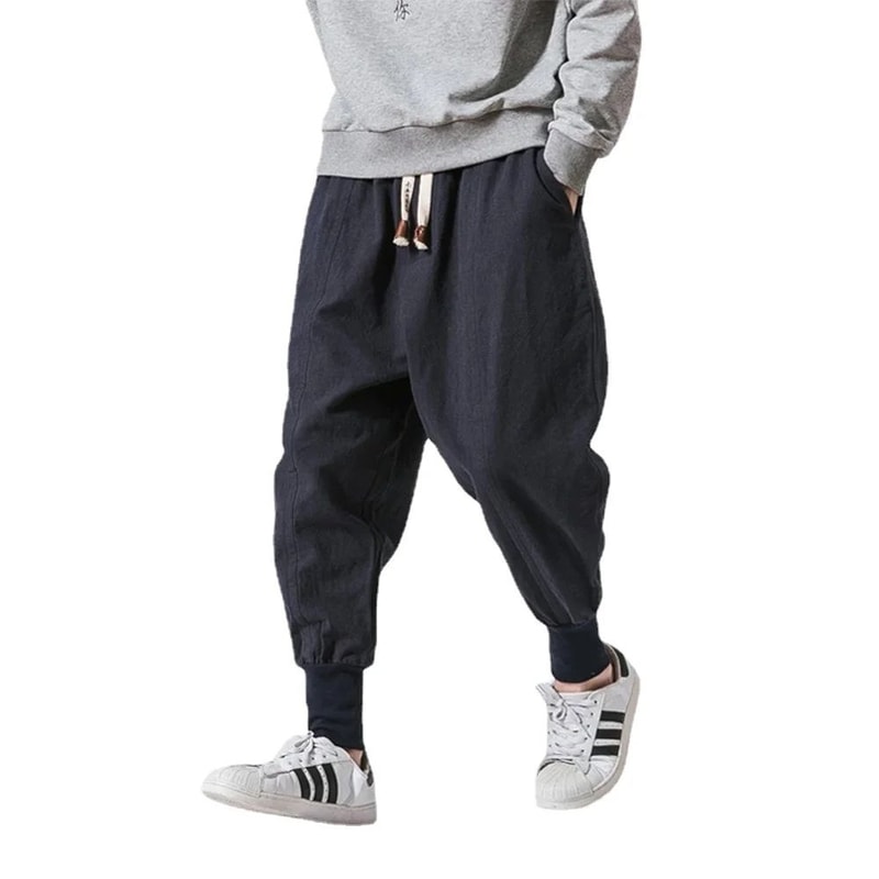 Mens Cotton Linen Harem Jogger Pants Baggy DropCrotch Elastic Waist Casual Streetwear Trousers 1