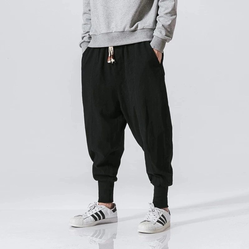 Mens Cotton Linen Harem Jogger Pants Baggy DropCrotch Elastic Waist Casual Streetwear Trousers 2