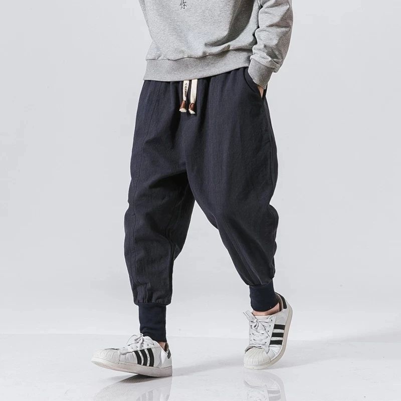 Mens Cotton Linen Harem Jogger Pants Baggy DropCrotch Elastic Waist Casual Streetwear Trousers 5