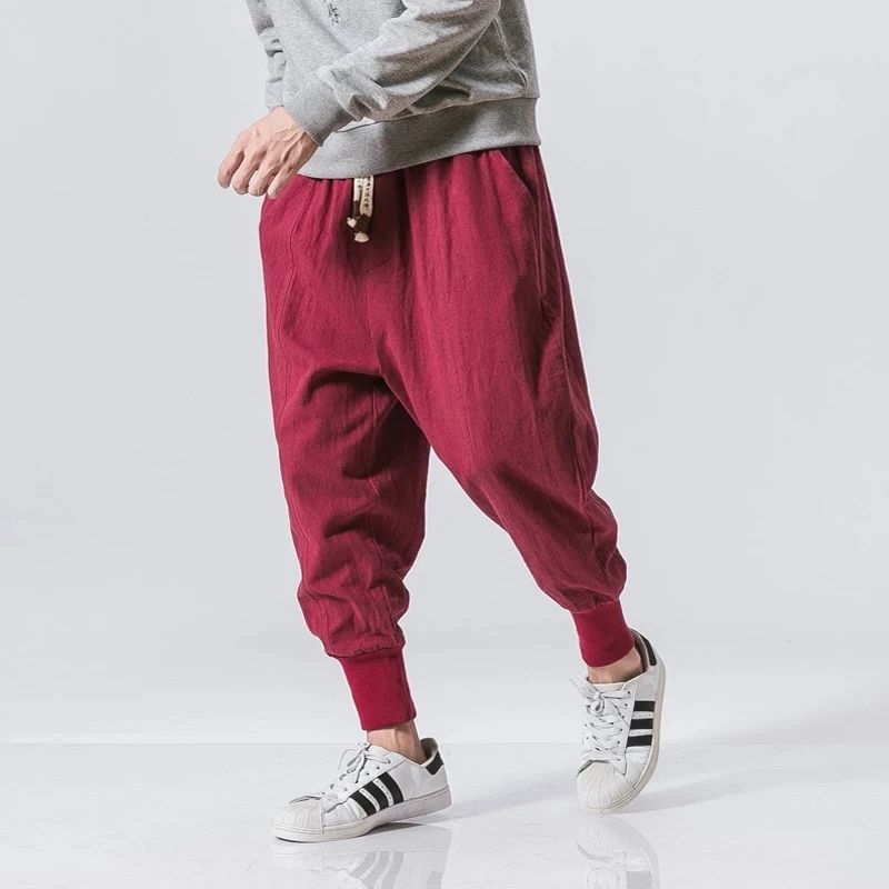 Mens Cotton Linen Harem Jogger Pants Baggy DropCrotch Elastic Waist Casual Streetwear Trousers 6