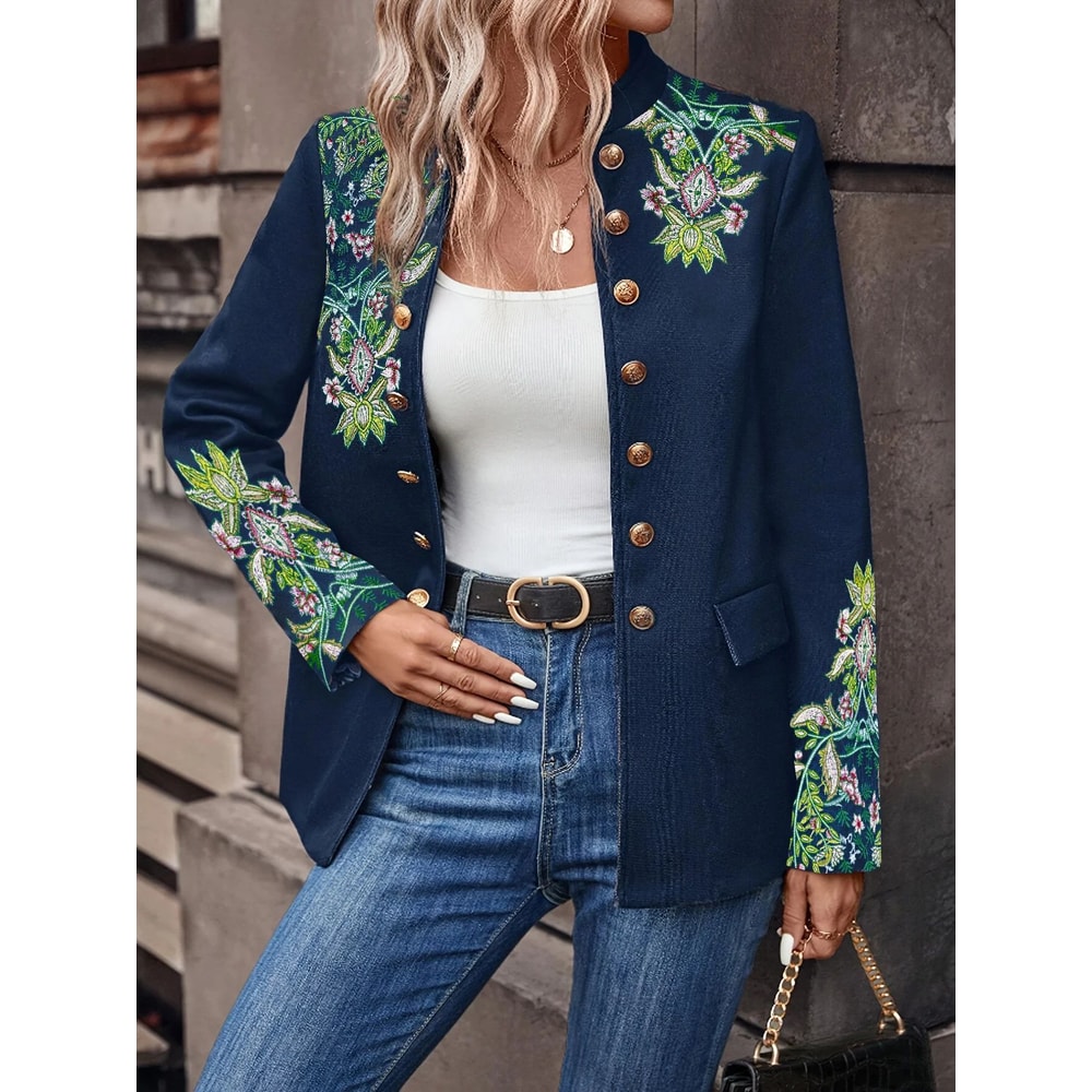 Womens Retro Floral Embroidered DoubleBreasted Blazer Elegant Stand Collar Office Jacket 2