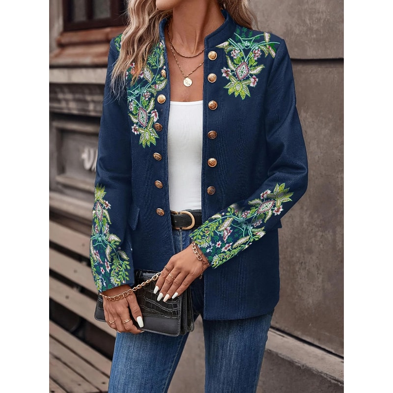 Womens Retro Floral Embroidered DoubleBreasted Blazer Elegant Stand Collar Office Jacket 3
