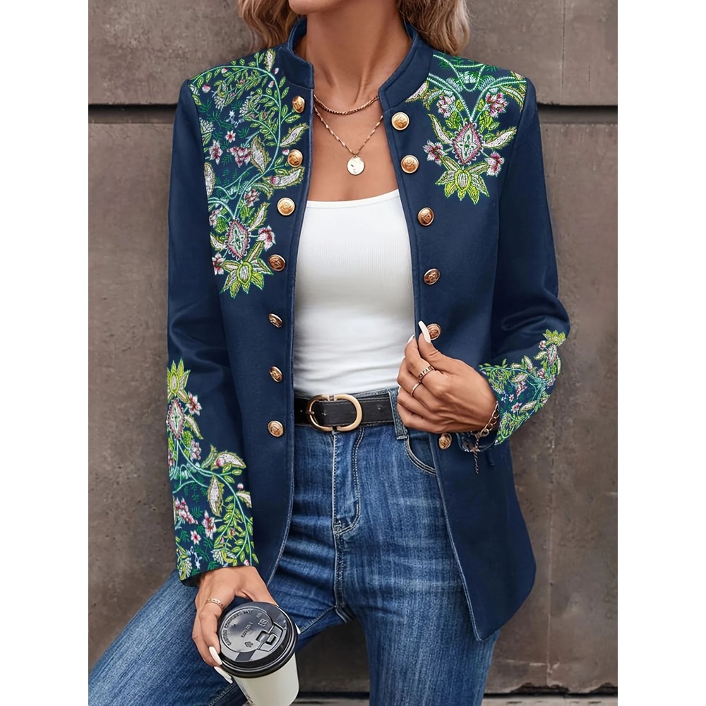 Womens Retro Floral Embroidered DoubleBreasted Blazer Elegant Stand Collar Office Jacket 0