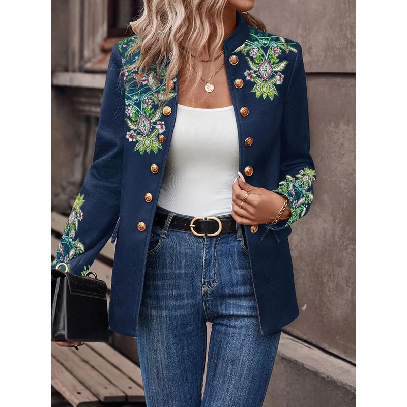 Womens Retro Floral Embroidered DoubleBreasted Blazer Elegant Stand Collar Office Jacket 4