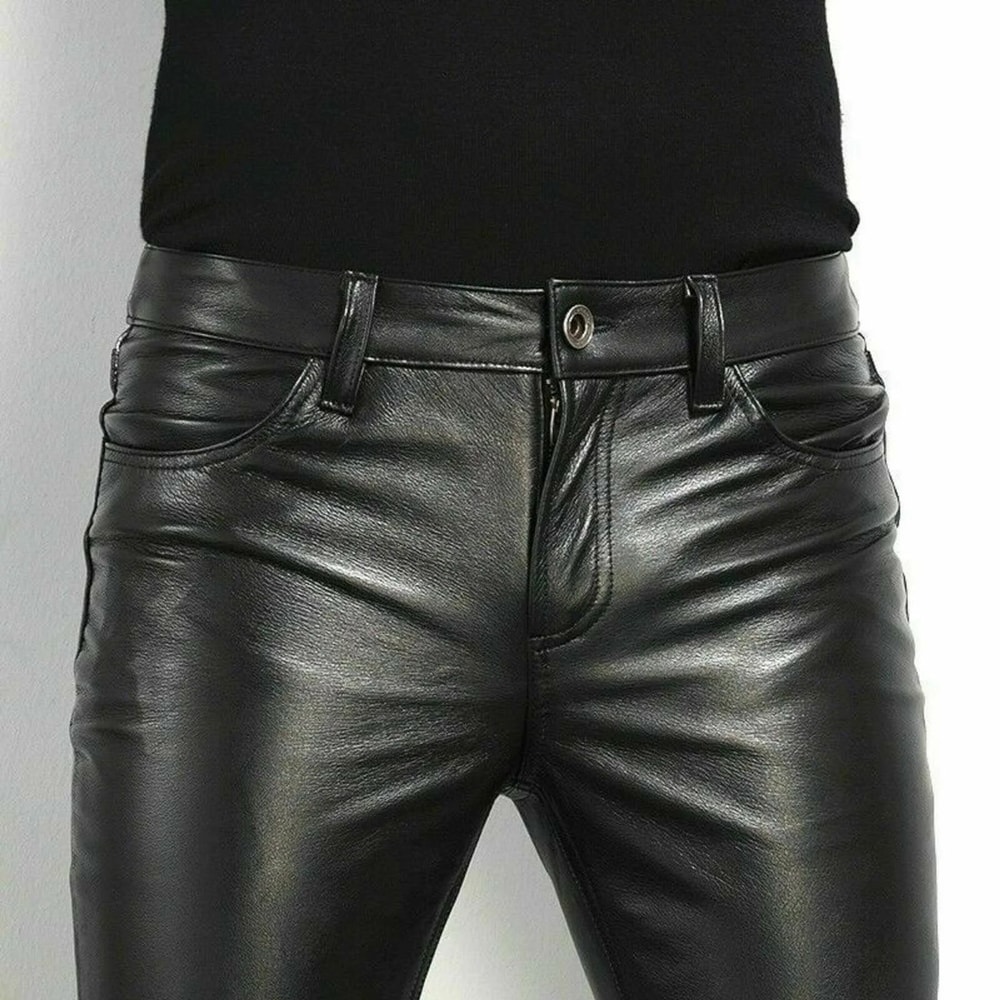 Mens Slim Fit Faux Leather Biker Pants Rock Style PU Motorcycle Party Trousers 4