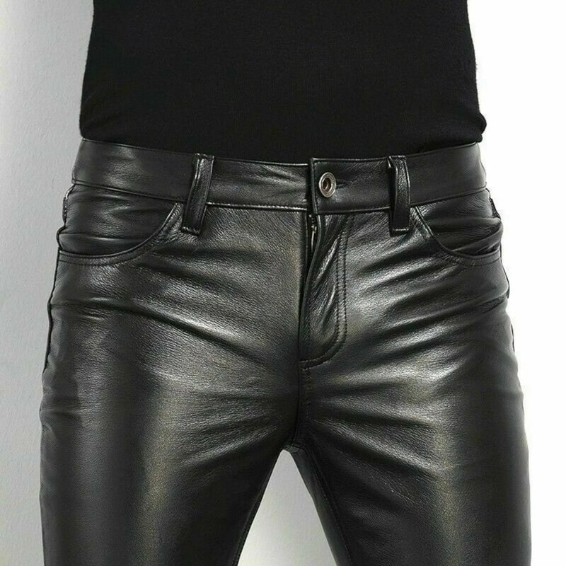 Mens Slim Fit Faux Leather Biker Pants Rock Style PU Motorcycle Party Trousers 4