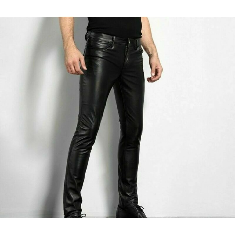 Mens Slim Fit Faux Leather Biker Pants Rock Style PU Motorcycle Party Trousers 0