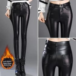 women's fleece-lined high waist pu leather leggings – warm slim fit winter faux leather pants