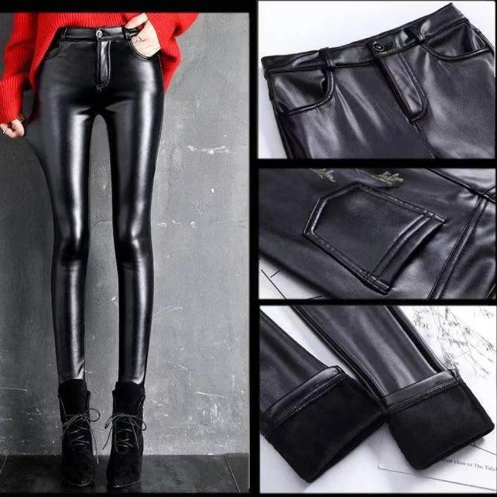 Womens FleeceLined High Waist PU Leather Leggings Warm Slim Fit Winter Faux Leather Pants 2