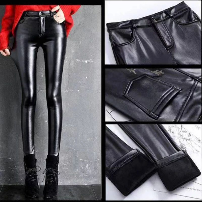 Womens FleeceLined High Waist PU Leather Leggings Warm Slim Fit Winter Faux Leather Pants 2