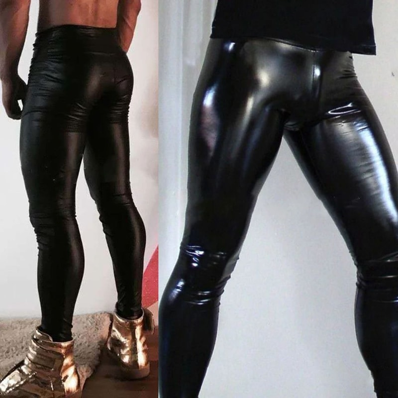 Mens Wet Look Faux Leather Skinny Pants Slim Fit Clubwear Dance Performance Leggings 1