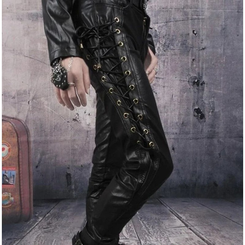 Mens Punk Style Faux Leather Motorcycle Pants Black Side LaceUp Biker Trousers 2