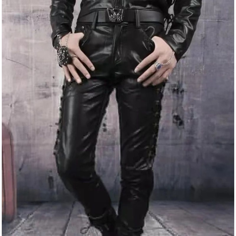 Mens Punk Style Faux Leather Motorcycle Pants Black Side LaceUp Biker Trousers 3