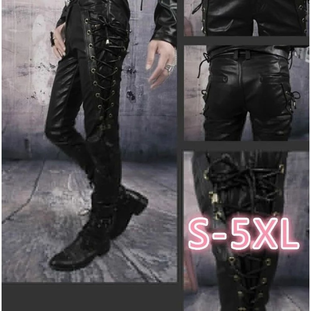 Mens Punk Style Faux Leather Motorcycle Pants Black Side LaceUp Biker Trousers 0