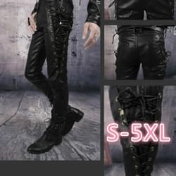 men's punk style faux leather motorcycle pants – black side lace-up biker trousers