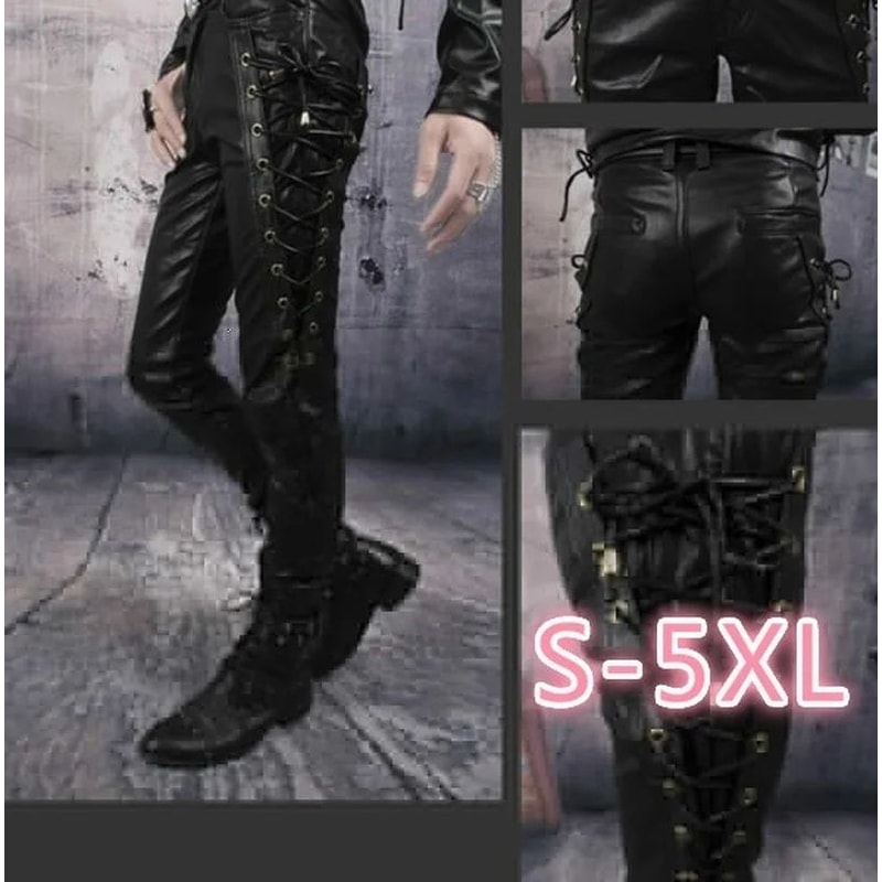 Mens Punk Style Faux Leather Motorcycle Pants Black Side LaceUp Biker Trousers 0