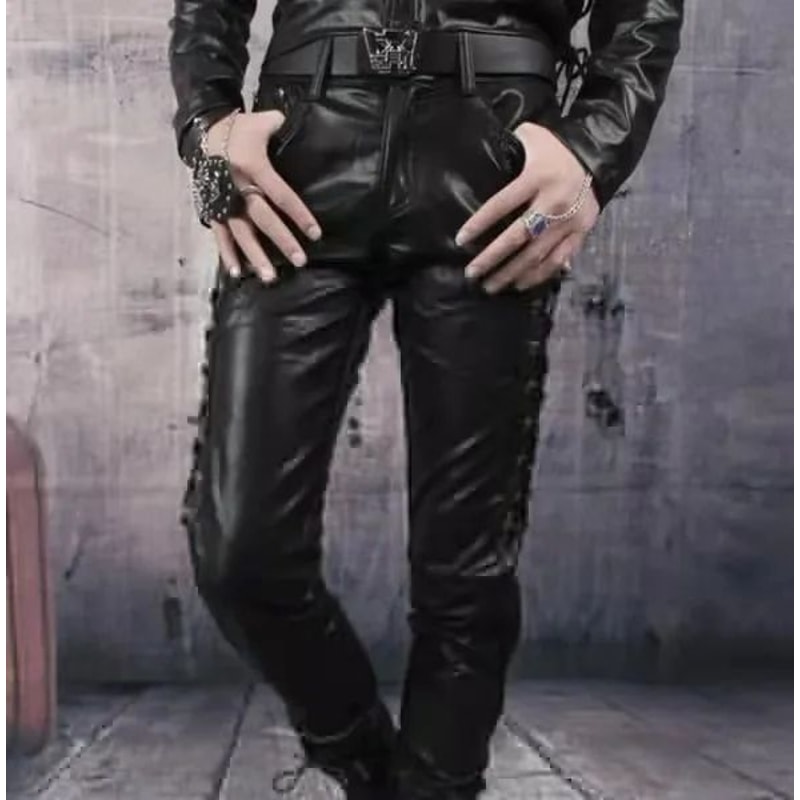 Mens Punk Style Faux Leather Motorcycle Pants Black Side LaceUp Biker Trousers 4