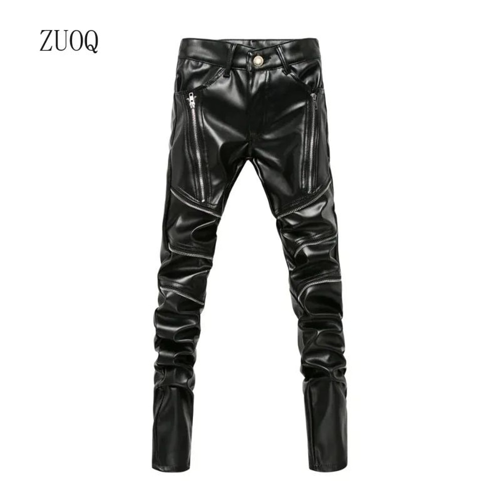 Mens High Waist PU Leather Skinny Biker Pants Slim Fit Motorcycle Clubwear Trousers 0