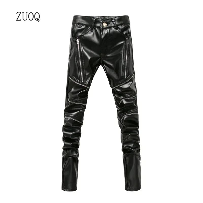 Mens High Waist PU Leather Skinny Biker Pants Slim Fit Motorcycle Clubwear Trousers 0