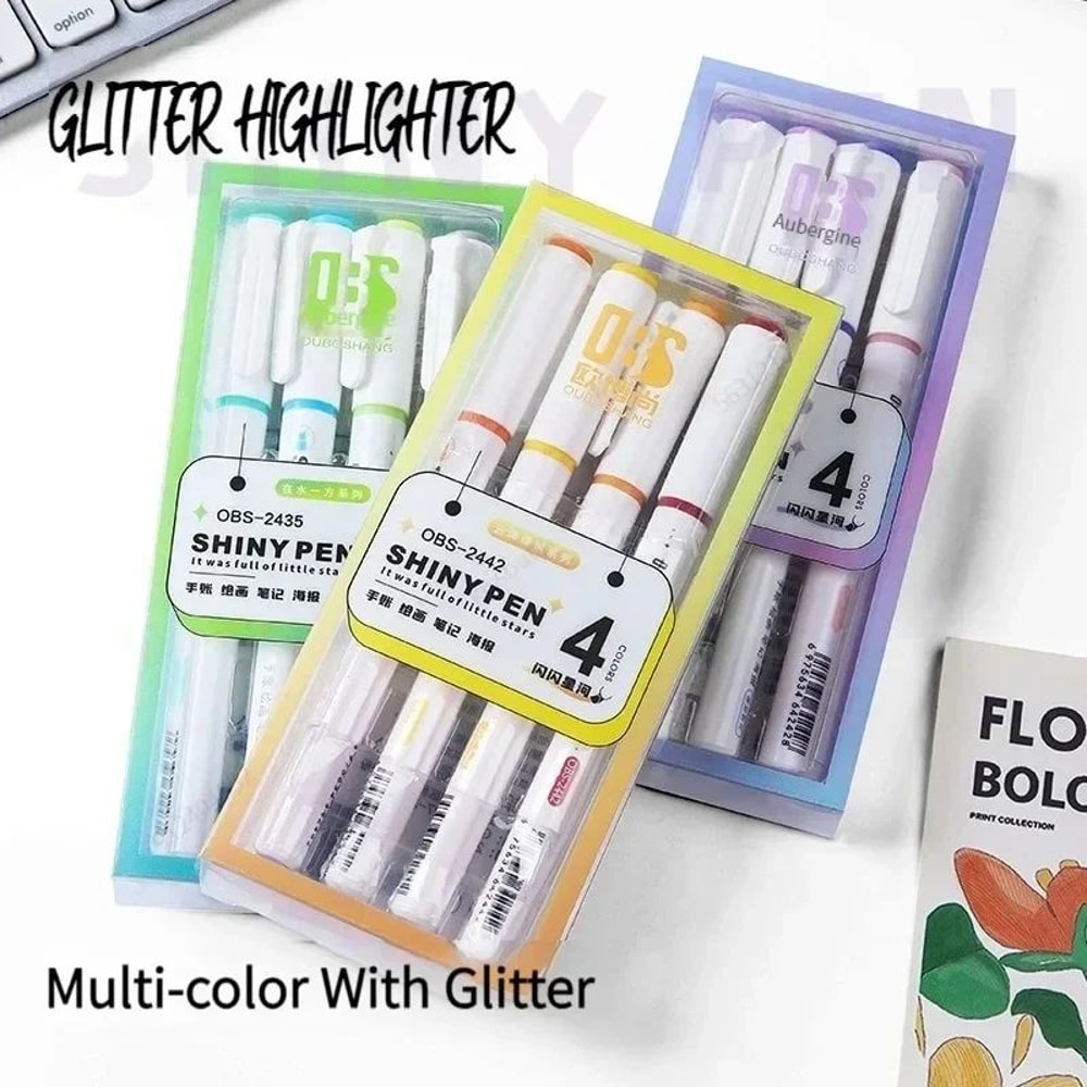 Kawaii Glitter Pastel Highlighter Pen Set Fine Tip Sparkle Study Scrapbook Markers 4 Colors 3