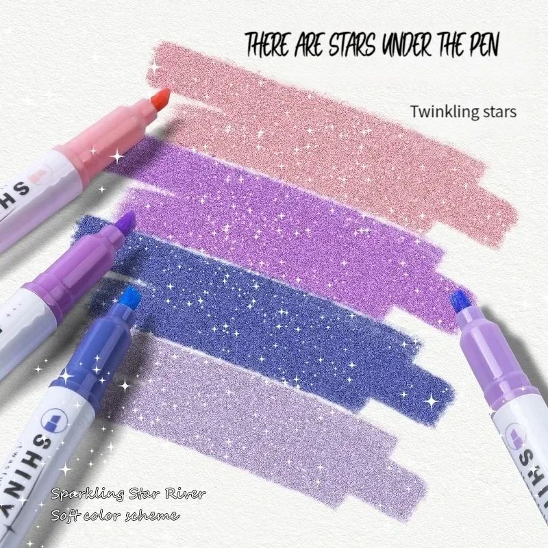 Kawaii Glitter Pastel Highlighter Pen Set Fine Tip Sparkle Study Scrapbook Markers 4 Colors 4