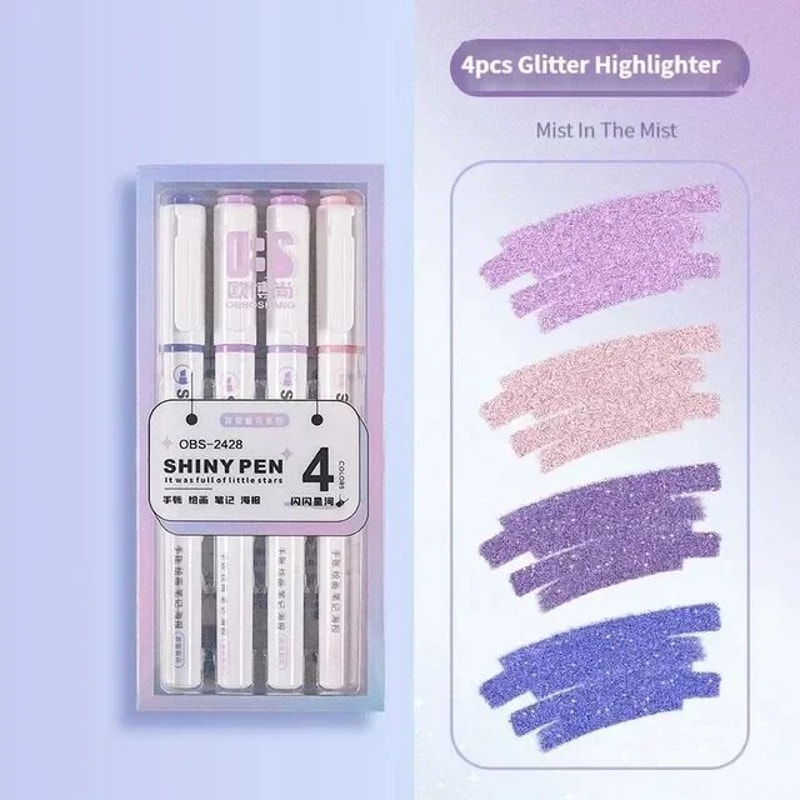 Kawaii Glitter Pastel Highlighter Pen Set Fine Tip Sparkle Study Scrapbook Markers 4 Colors 7