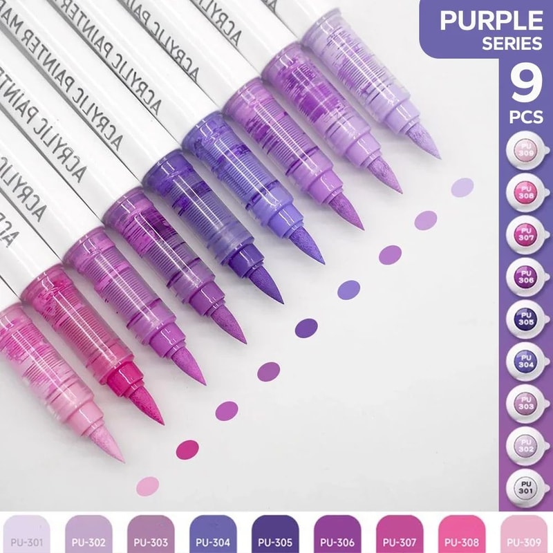 9Piece Acrylic Brush Marker Set Professional Ink Control Art Pens For Painting Sketching 9