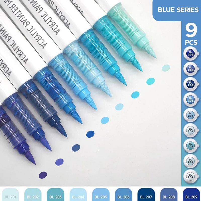 9Piece Acrylic Brush Marker Set Professional Ink Control Art Pens For Painting Sketching 12