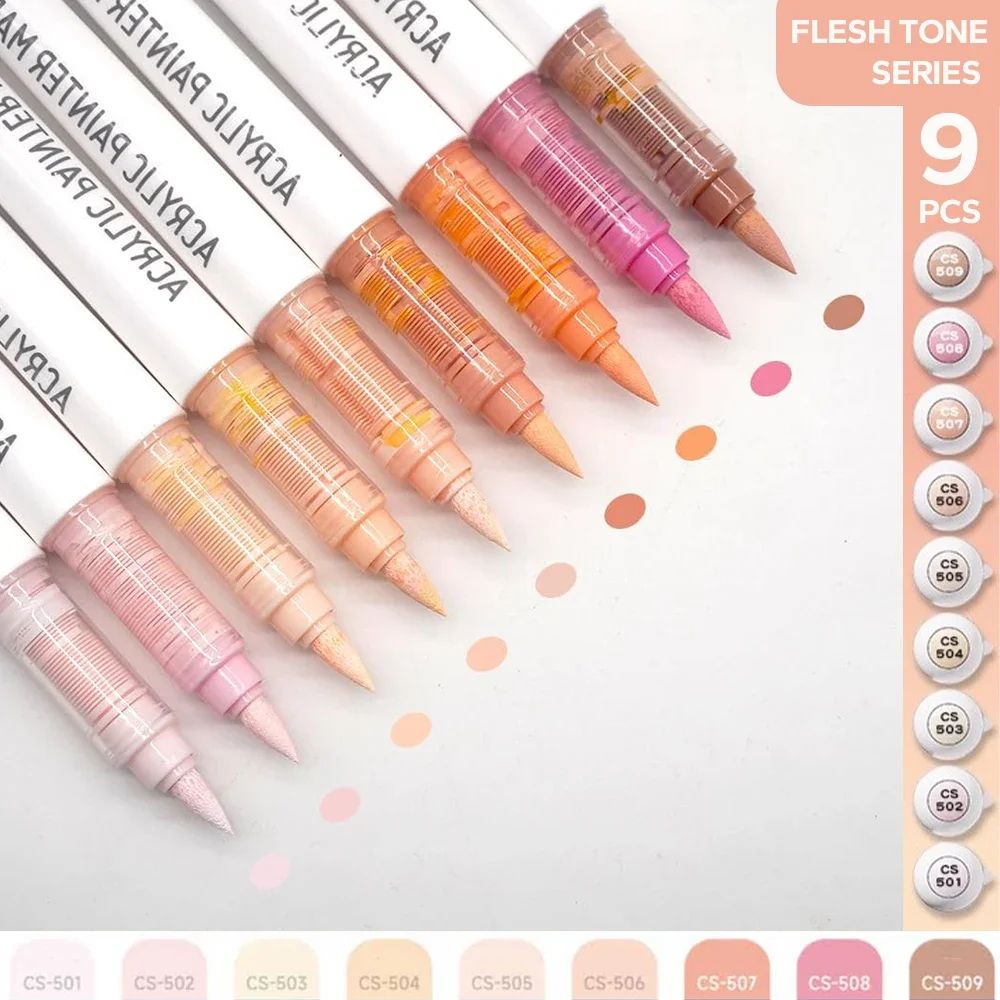 9Piece Acrylic Brush Marker Set Professional Ink Control Art Pens For Painting Sketching 14