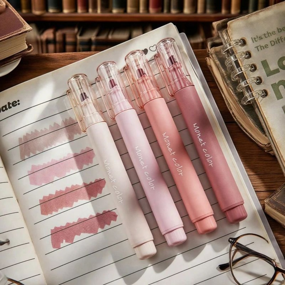 Morandi Pink Soft Touch Gel Highlighter Pens 4 Pack QuickDry WaterBased Study Markers 0