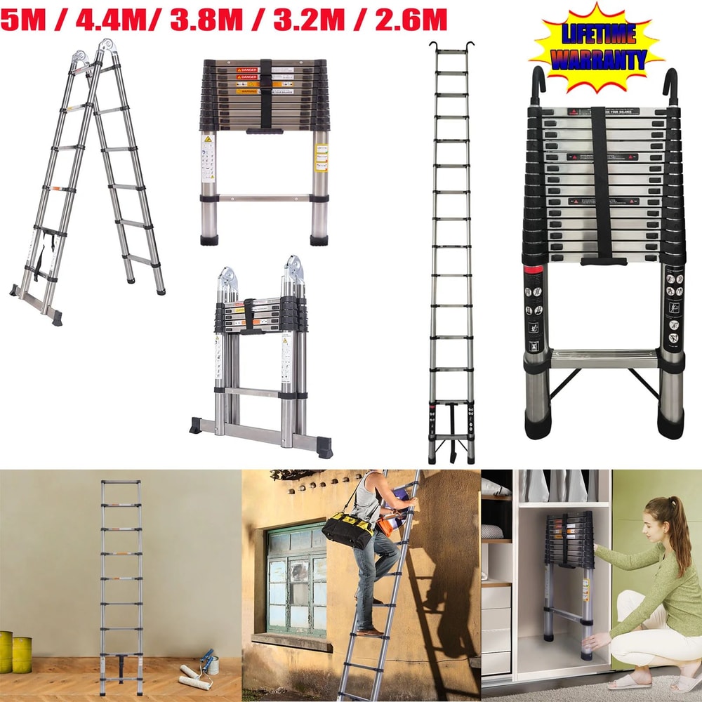 Stainless Steel Telescoping Extension Ladder 85ft Portable Folding Loft Ladder With 330lb Capacity 0