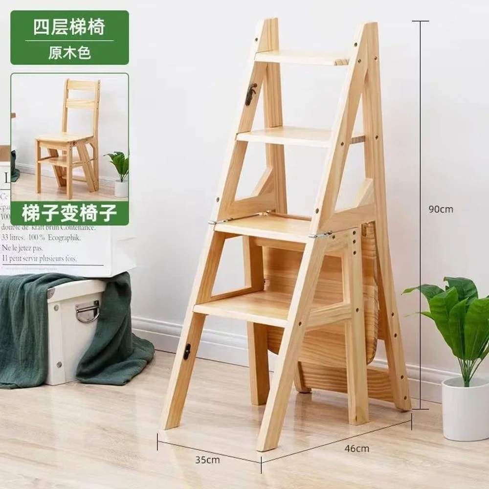 Solid Wood Folding Ladder Chair Stool 2in1 Step Ladder Seat For Home Use 1