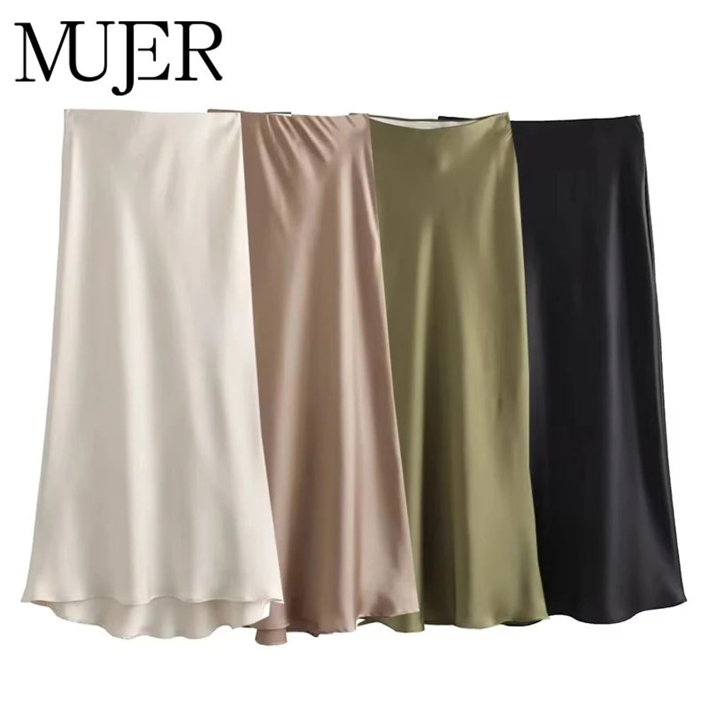 Womens High Waist Satin Midi Skirt Elegant Office Lady Summer Skirt MidCalf Length 5