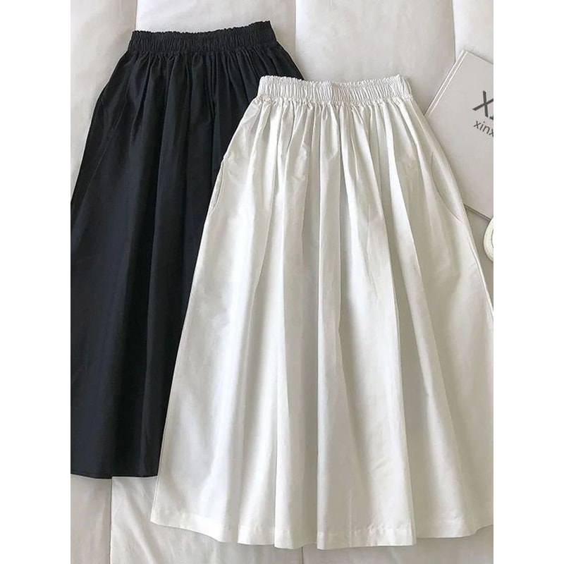Womens High Waist Pleated ALine KneeLength Skirt With Pockets Elegant Casual White Skirt 1