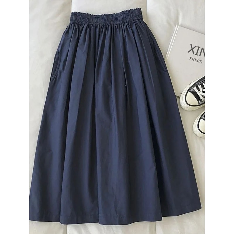 Womens High Waist Pleated ALine KneeLength Skirt With Pockets Elegant Casual White Skirt 8