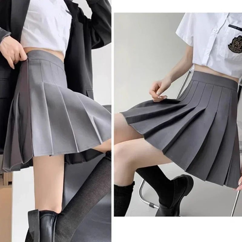Womens High Waist Pleated Mini Skirt Preppy Style ALine Elastic Waist JK Skirt With Zipper 0