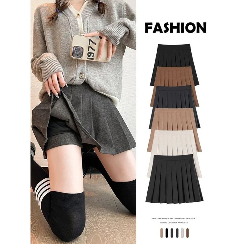 Womens High Waist Pleated Mini Skirt Preppy Style ALine Elastic Waist JK Skirt With Zipper 4