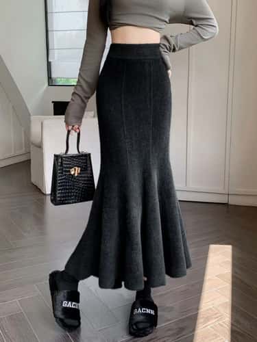 Women's High Waist Knitted Mermaid Maxi Skirt – Thick Mohair Fishtail Winter Skirt