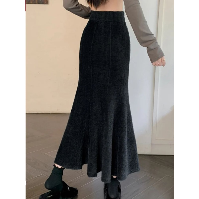 Womens High Waist Knitted Mermaid Maxi Skirt Thick Mohair Fishtail Winter Skirt 1