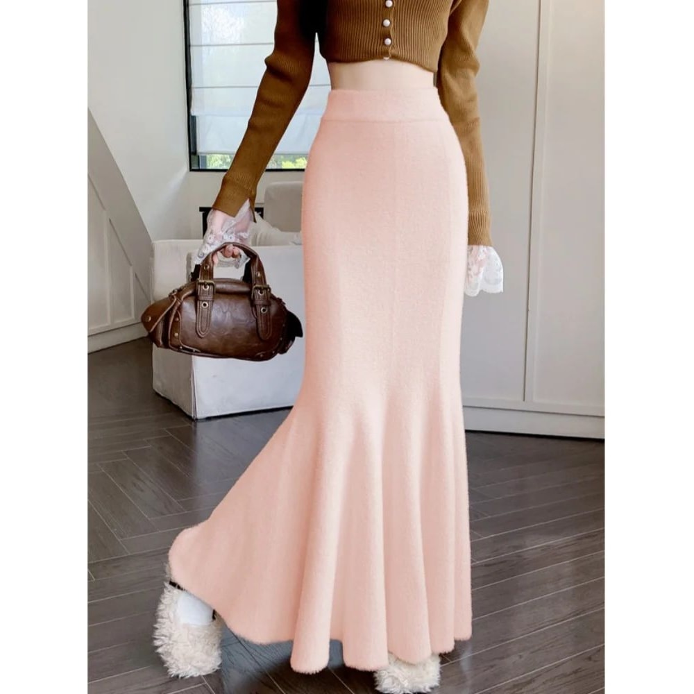 Womens High Waist Knitted Mermaid Maxi Skirt Thick Mohair Fishtail Winter Skirt 2