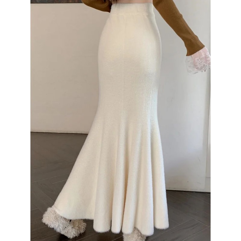 Womens High Waist Knitted Mermaid Maxi Skirt Thick Mohair Fishtail Winter Skirt 5