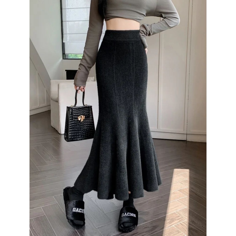 Womens High Waist Knitted Mermaid Maxi Skirt Thick Mohair Fishtail Winter Skirt 7