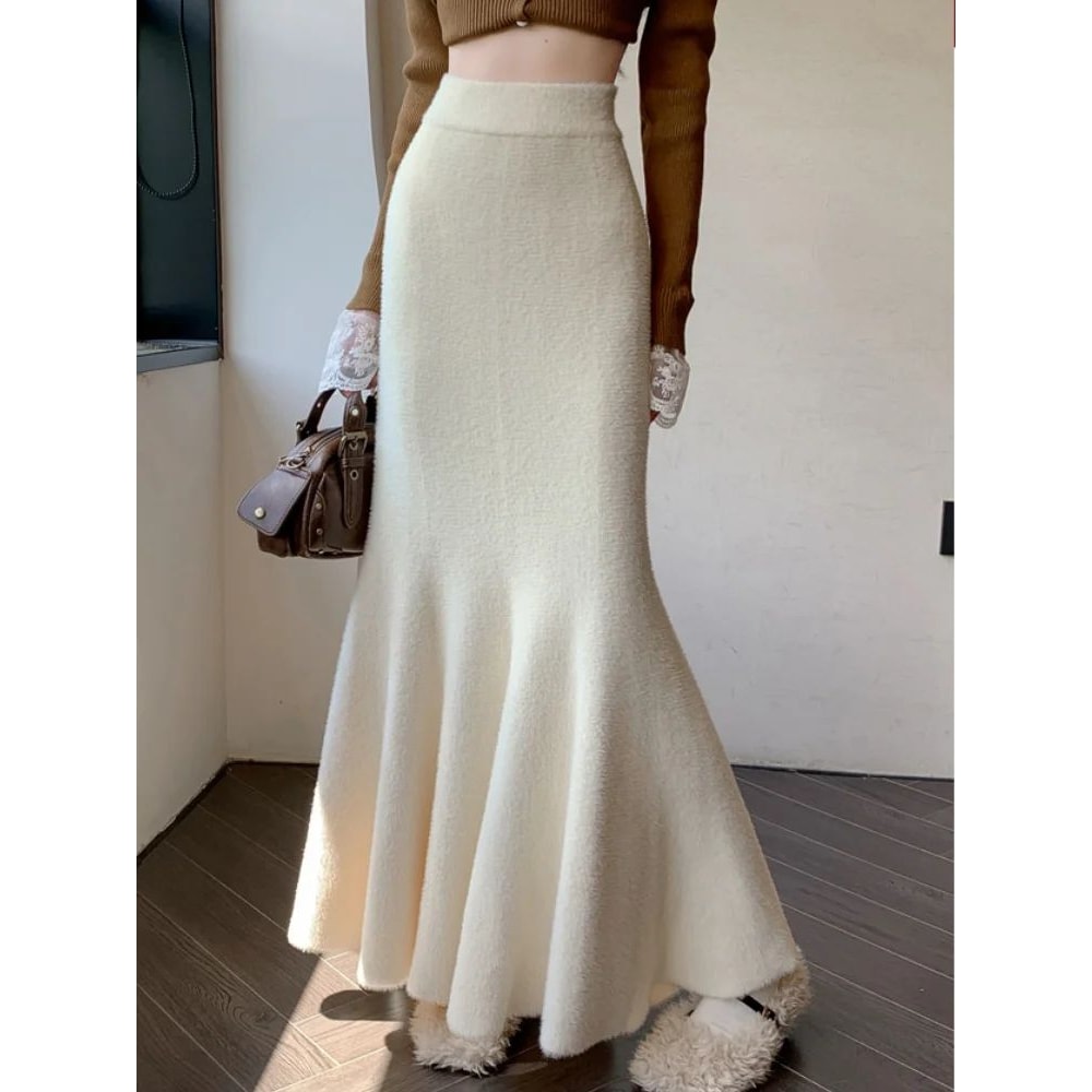 Womens High Waist Knitted Mermaid Maxi Skirt Thick Mohair Fishtail Winter Skirt 8
