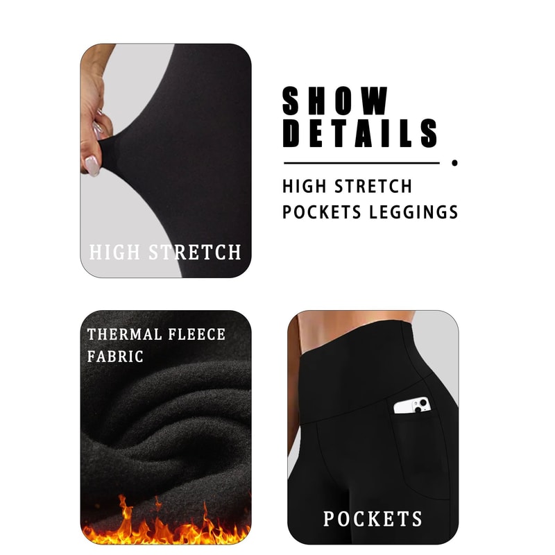 Womens Winter Thermal Leggings With Pockets High Waisted Fleece Lined Tummy Control Warm Workout R 2