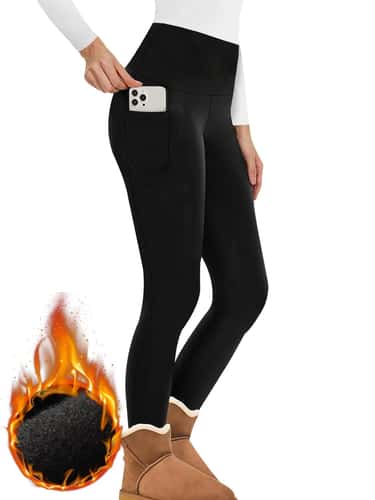 Women's Winter Thermal Leggings with Pockets – High Waisted Fleece Lined Tummy Control Warm Workout Running Tights